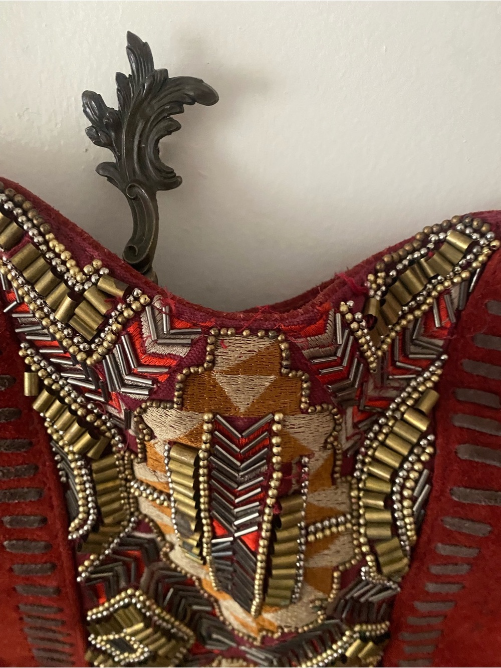 Anthropologie Red Suede Embroidered Fringe Shoulder Bag - Picture 4 of 10